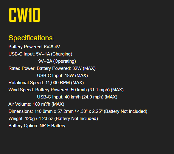 Nitecore CW10 CineWind 10 Portable Cord-Free Photography Fan