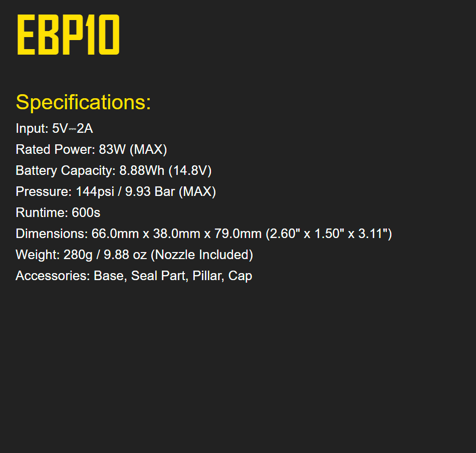 Nitecore EBP10 Portable Electric Bike Pump