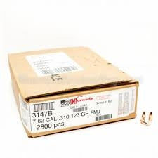 Hornady 7.62 cal .310 123 gr FMJ Bulk Pack 2800 rounds