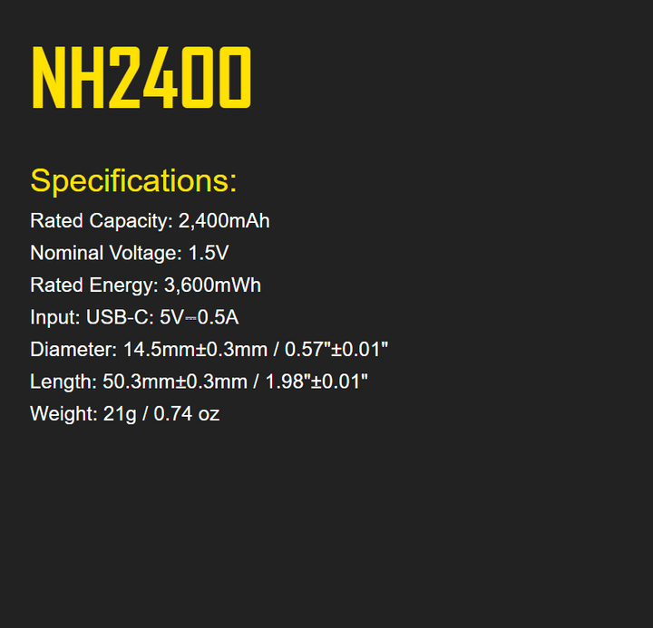 Nitecore NH2400 USB-C Rechargeable 1.5V Li-ion AA Battery