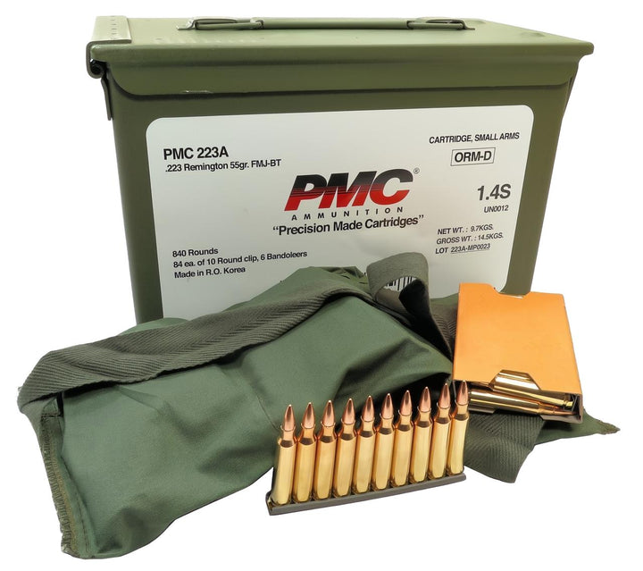 PMC 223 Rem 55gn FMJ in Ammo Can (840 rnds) &amp; Bandolier (140 rnds)