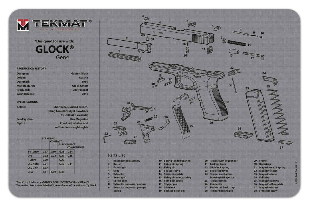 TekMat Ultra 20 Glock Gen 4 Gun Cleaning Mat Grey