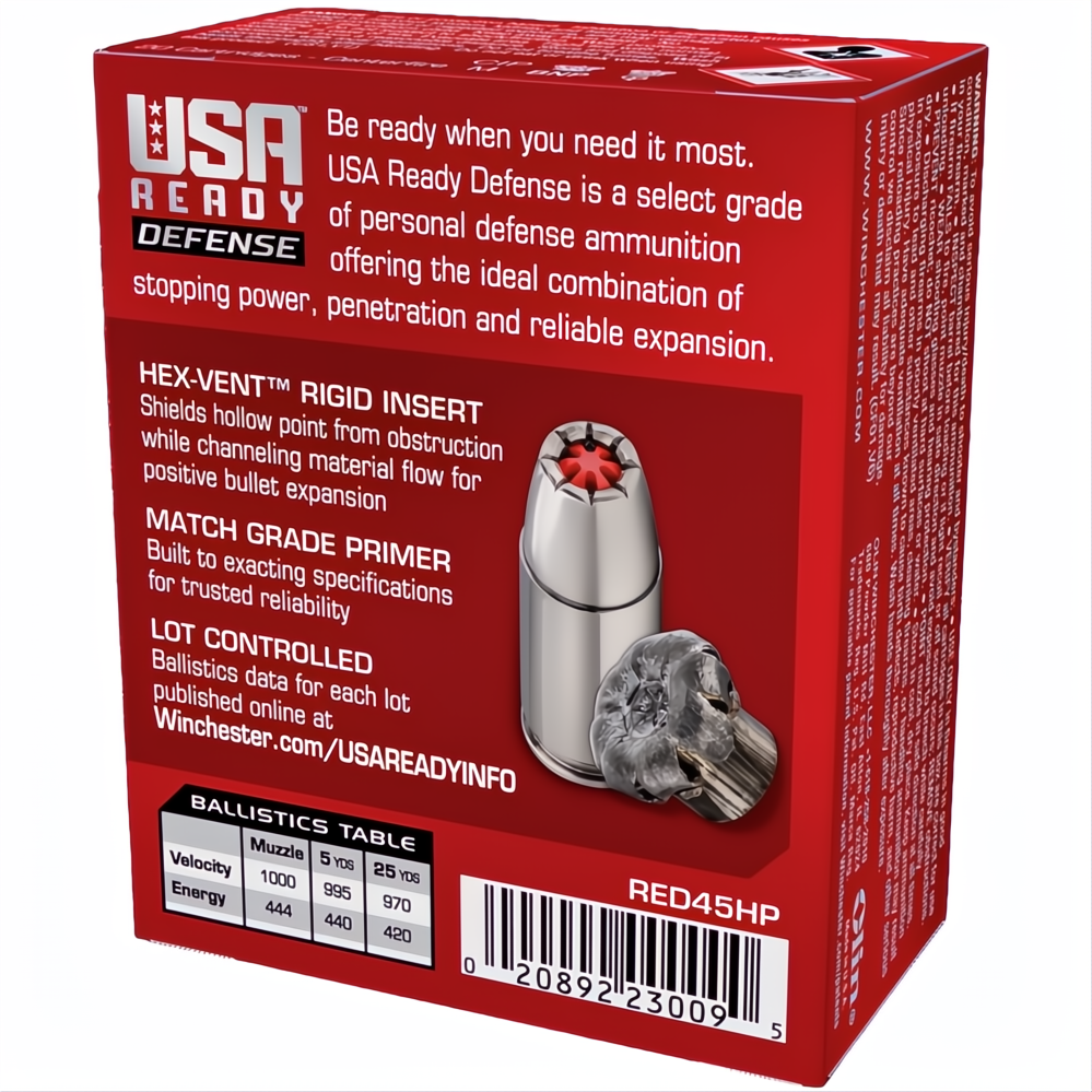 Winchester USA Ready Defense 45 ACP 200gr Hex-Vent HP