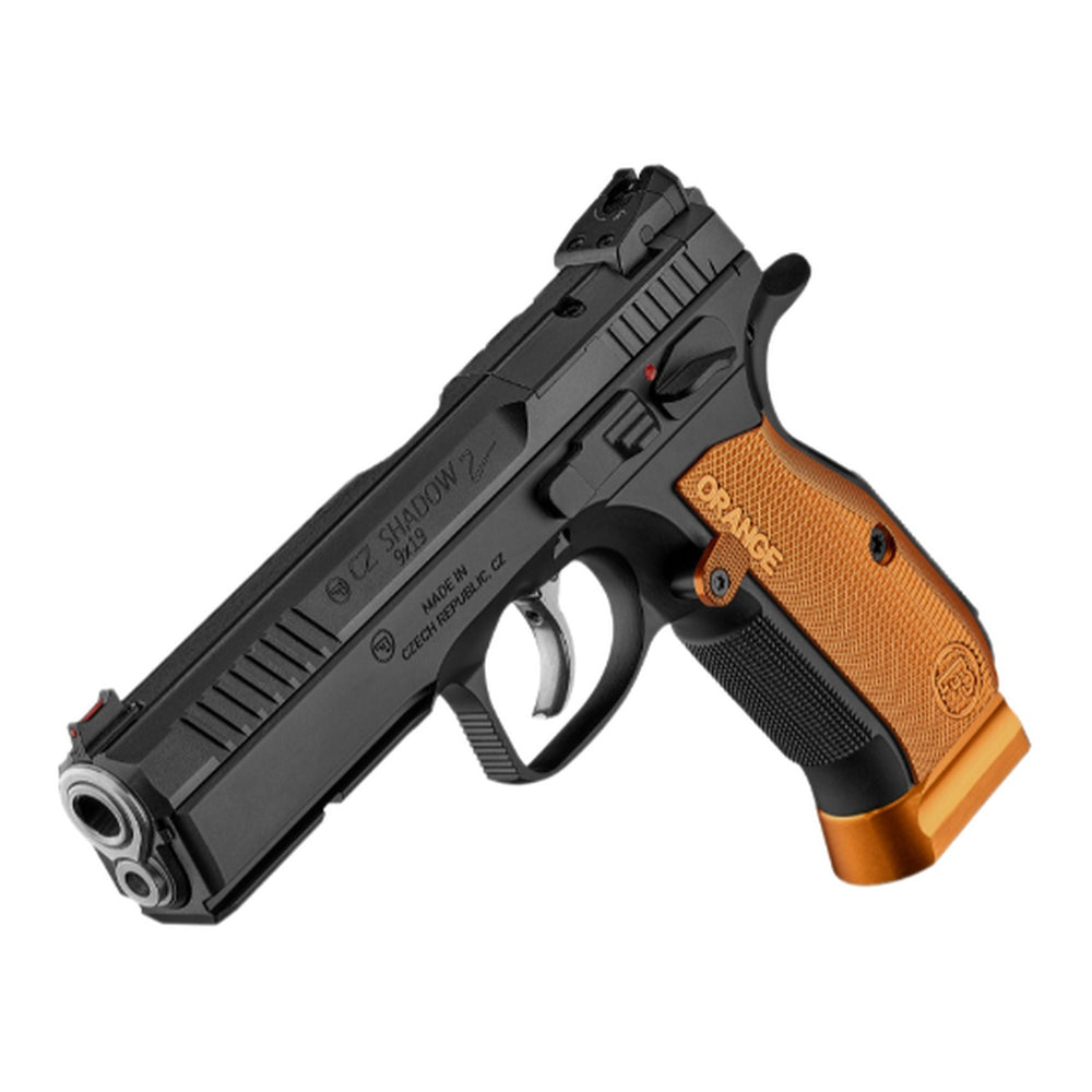 CZ 75 Shadow 2 Orange 9mm pistol (NSW Compliant) – angled view showing orange grips and magazine base pad