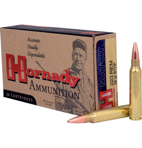 Hornady Match 223 Rem 68 grain BTHP ammunition box with cartridges