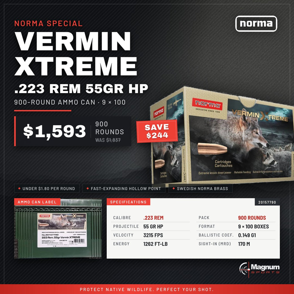 Norma 223 Rem 55gr Vermin Xtreme HP Ammo Can - Magnum Sports advert, $1,593