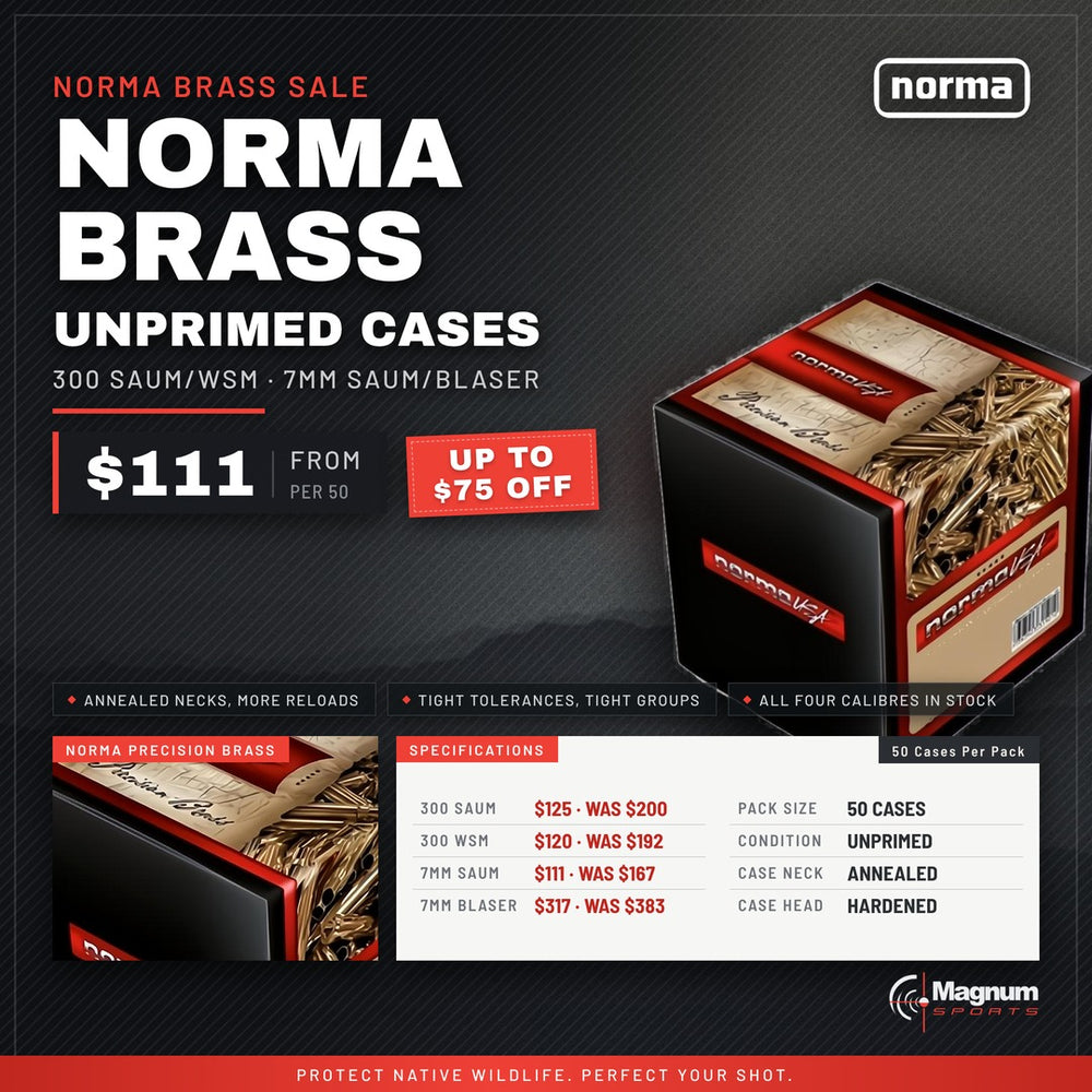 Norma On Sale Norma Unprimed Brass: 300 SAUM/WSM, 7MM SAUM/Blaser - Magnum Sports advert, from $111