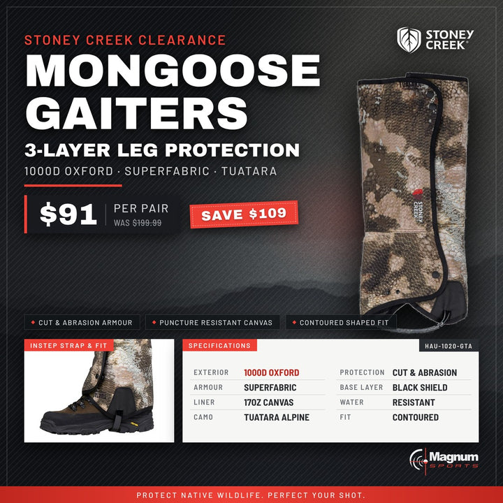 Stoney Creek Mongoose Gaiters TCA - Magnum Sports advert, $91