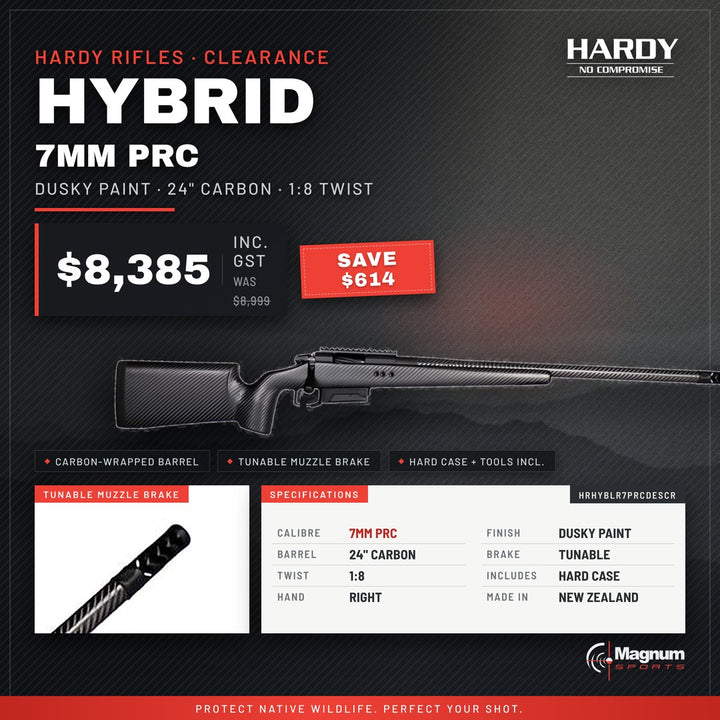 Hardy Hybrid 7mm PRC Dusky Paint rifle on sale at Magnum Sports – $8,385, save $614