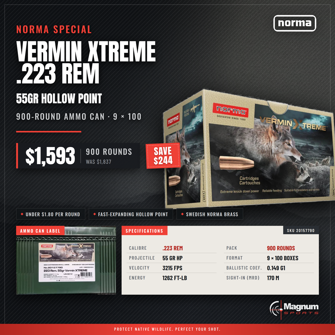 Norma 223 Rem 55gr Vermin Xtreme HP ammo can promo