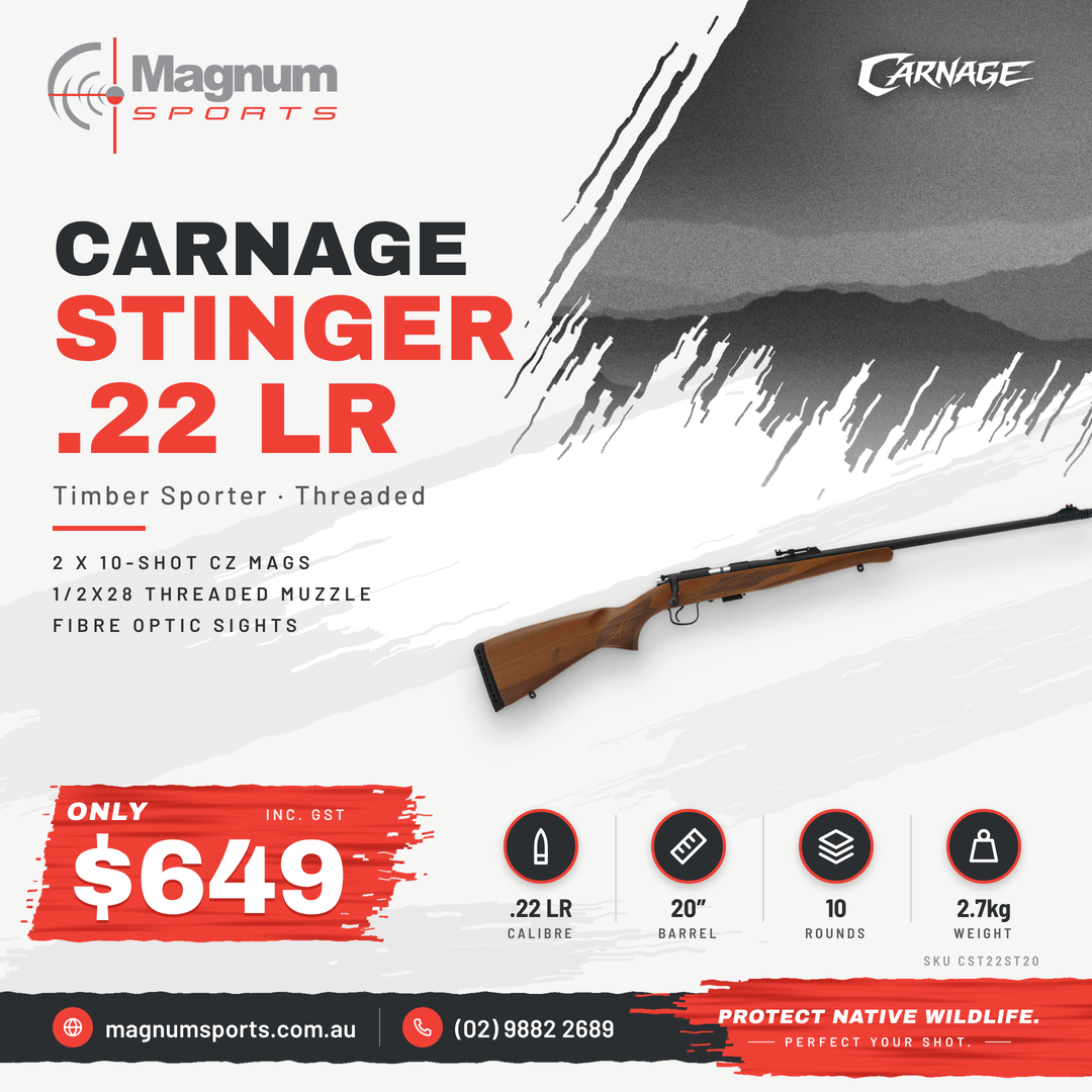 Carnage Stinger Rimfire Rifle Timber Sporter - Magnum Sports advert