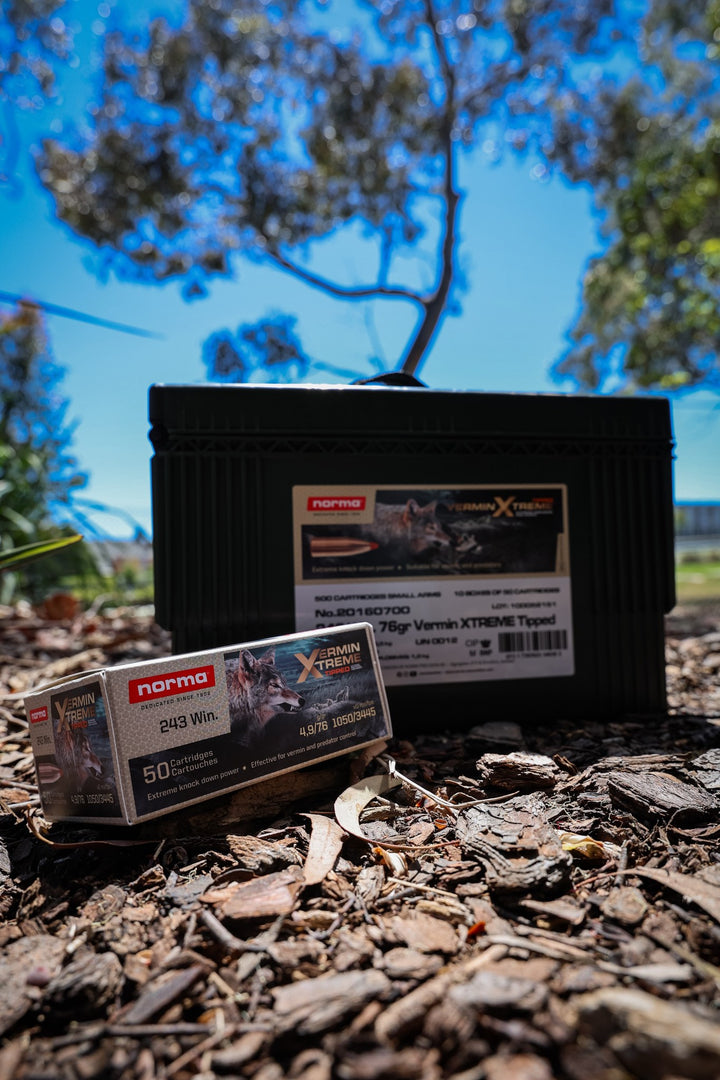 Norma 243 Win 76gr Vermin Xtreme Tipped 500-round ammo can