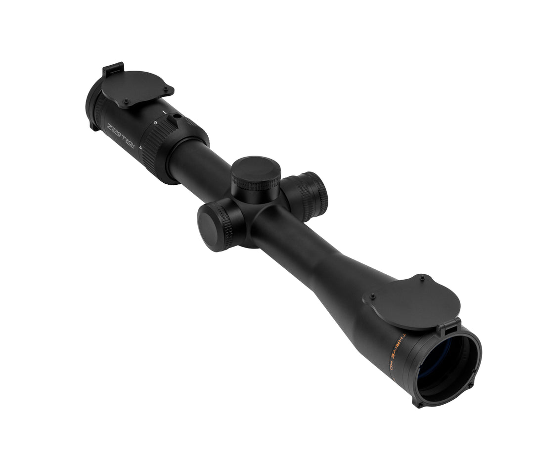 Zerotech Thrive HD 4-16x44 riflescope – LR Hunter Illuminated, angle view with lens caps
