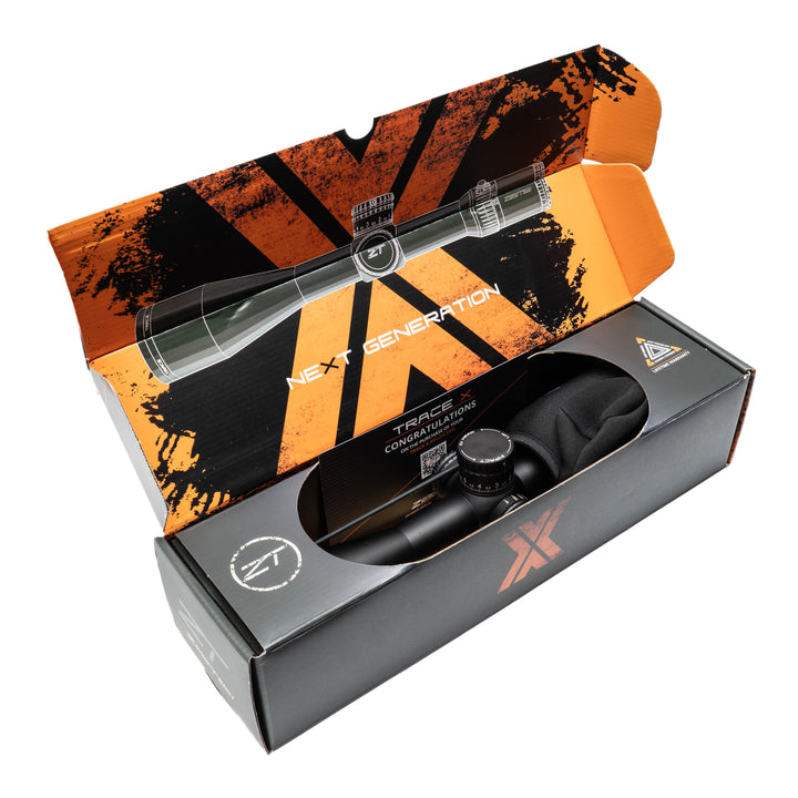 Zerotech Trace X 5-25x56 riflescope – RMG-H MRAD Illuminated, box and packaging